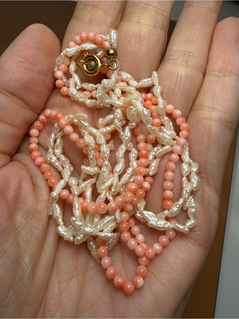 Vintage Multi-Strand Pink Coral & White Rice Pearl Torsade Necklace